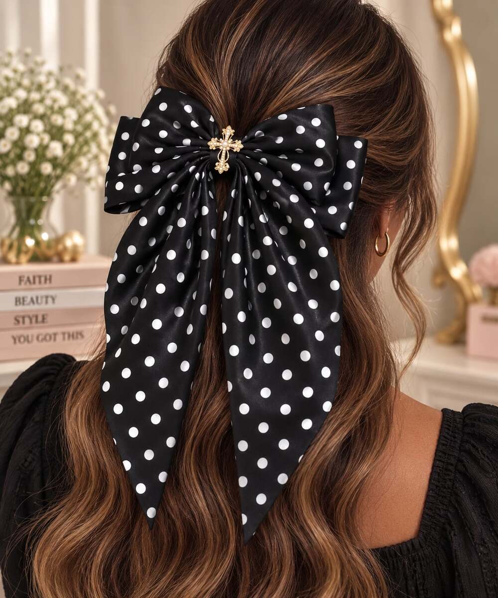 Retro Coquette Black Polka Dot Satin Long Tail Cross Hair Bow